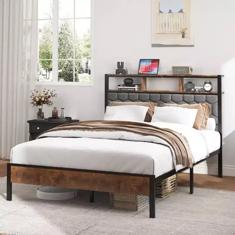 Telaio letto a piattaforma in legno matrimoniale/queen/king size con testiera imbottita, 2 porte USB, ampio contenitore sotto il letto, silenzioso, non necessita di box spring, marrone