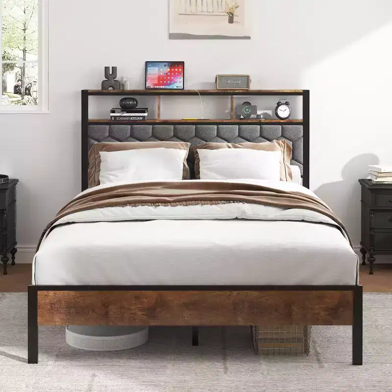 Telaio letto a piattaforma in legno matrimoniale/queen/king size con testiera imbottita, 2 porte USB, ampio contenitore sotto il letto, silenzioso, non necessita di box spring, marrone