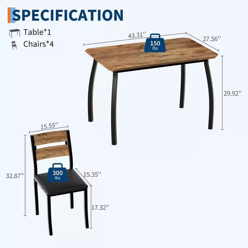Coolmee Set da 5 Pezzi Tavolo da Pranzo per 4 Persone, Tavolo da Cucina Moderno con Sedie Imbottite e Struttura in Ferro, Set di Mobili per Sala da Pranzo in Legno per Piccoli Spazi