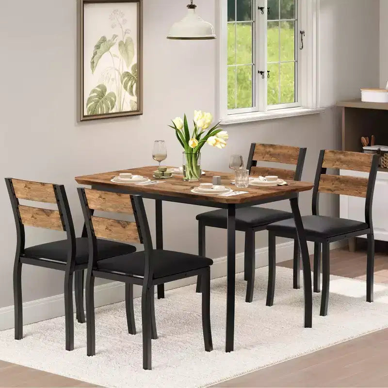 Coolmee Set da 5 Pezzi Tavolo da Pranzo per 4 Persone, Tavolo da Cucina Moderno con Sedie Imbottite e Struttura in Ferro, Set di Mobili per Sala da Pranzo in Legno per Piccoli Spazi