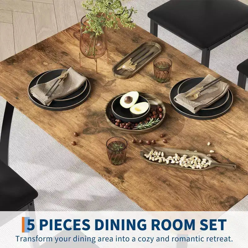 Coolmee Set da 5 Pezzi Tavolo da Pranzo per 4 Persone, Tavolo da Cucina Moderno con Sedie Imbottite e Struttura in Ferro, Set di Mobili per Sala da Pranzo in Legno per Piccoli Spazi