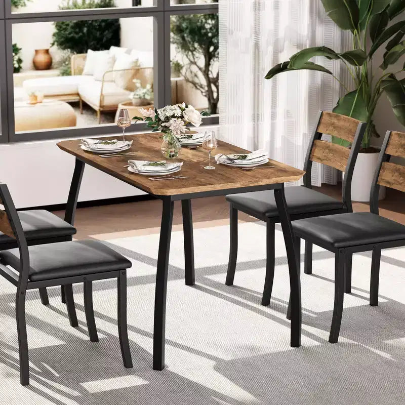 Coolmee Set da 5 Pezzi Tavolo da Pranzo per 4 Persone, Tavolo da Cucina Moderno con Sedie Imbottite e Struttura in Ferro, Set di Mobili per Sala da Pranzo in Legno per Piccoli Spazi