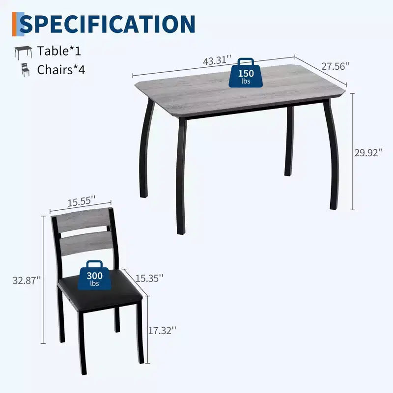 Coolmee Set da 5 Pezzi Tavolo da Pranzo per 4 Persone, Tavolo da Cucina Moderno con Sedie Imbottite e Struttura in Ferro, Set di Mobili per Sala da Pranzo in Legno per Piccoli Spazi