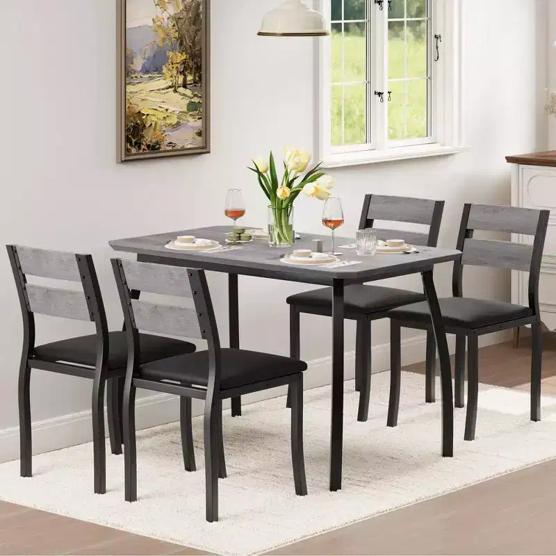 Coolmee Set da 5 Pezzi Tavolo da Pranzo per 4 Persone, Tavolo da Cucina Moderno con Sedie Imbottite e Struttura in Ferro, Set di Mobili per Sala da Pranzo in Legno per Piccoli Spazi
