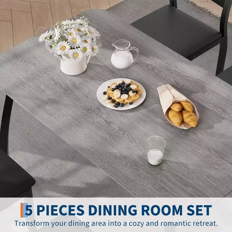 Coolmee Set da 5 Pezzi Tavolo da Pranzo per 4 Persone, Tavolo da Cucina Moderno con Sedie Imbottite e Struttura in Ferro, Set di Mobili per Sala da Pranzo in Legno per Piccoli Spazi