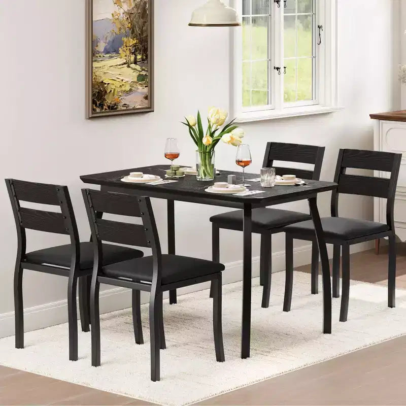 Coolmee Set da 5 Pezzi Tavolo da Pranzo per 4 Persone, Tavolo da Cucina Moderno con Sedie Imbottite e Struttura in Ferro, Set di Mobili per Sala da Pranzo in Legno per Piccoli Spazi