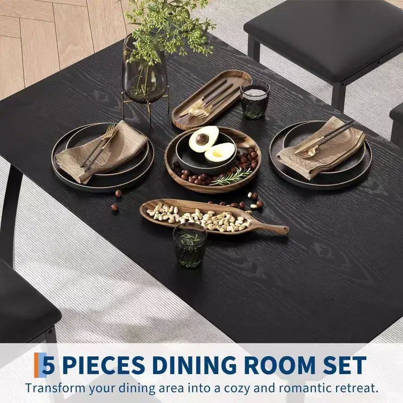 Coolmee Set da 5 Pezzi Tavolo da Pranzo per 4 Persone, Tavolo da Cucina Moderno con Sedie Imbottite e Struttura in Ferro, Set di Mobili per Sala da Pranzo in Legno per Piccoli Spazi