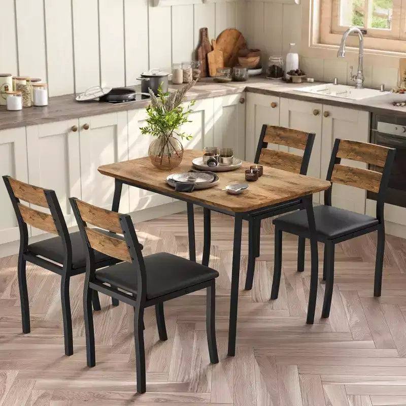 Coolmee Set da 5 Pezzi Tavolo da Pranzo per 4 Persone, Tavolo da Cucina Moderno con Sedie Imbottite e Struttura in Ferro, Set di Mobili per Sala da Pranzo in Legno per Piccoli Spazi