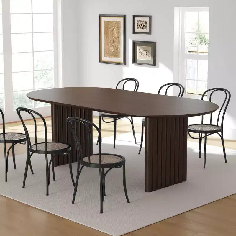 PexFix 79 x 33,5 Tavolo da Pranzo Ovale in Legno con Piano Antigraffio e Gambe a Strisce, Stile Moderno Rustico per Soggiorno e Cucina, Noce