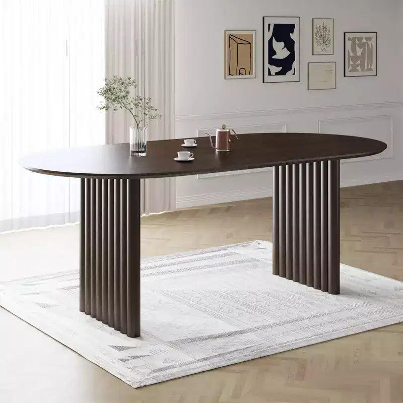 PexFix 79 x 33,5 Tavolo da Pranzo Ovale in Legno con Piano Antigraffio e Gambe a Strisce, Stile Moderno Rustico per Soggiorno e Cucina, Noce
