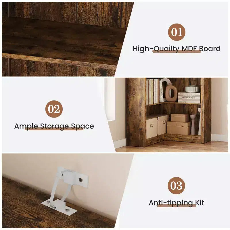 Scaffale ad angolo da 71,8 pollici, Libreria rustica, Libreria a L, Scaffale espositivo a 5 ripiani Librerie robuste con vano contenitore per ufficio e soggiorno