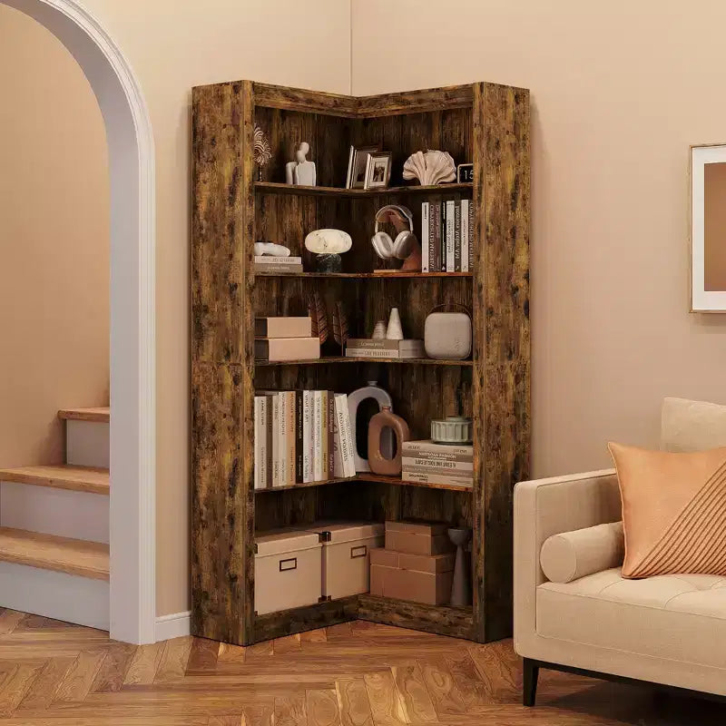 Scaffale ad angolo da 71,8 pollici, Libreria rustica, Libreria a L, Scaffale espositivo a 5 ripiani Librerie robuste con vano contenitore per ufficio e soggiorno