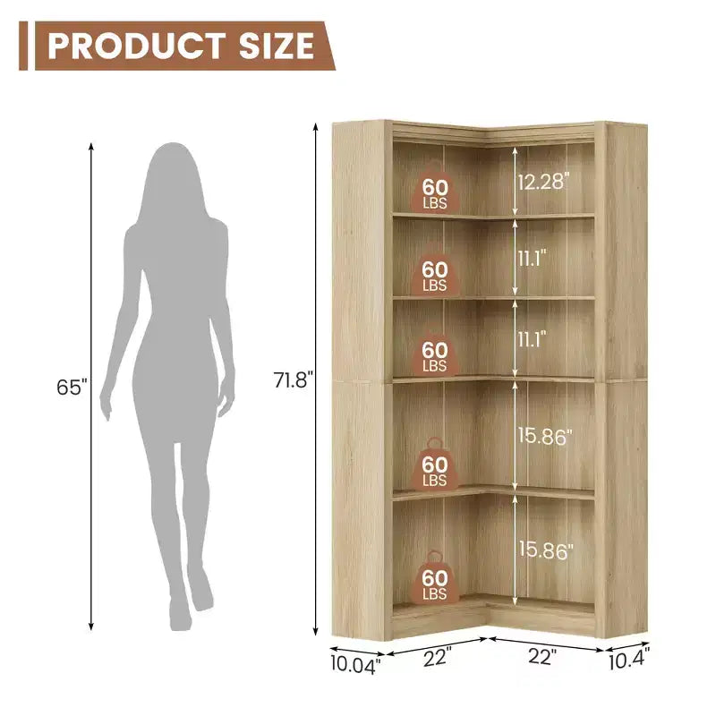Scaffale ad angolo da 71,8 pollici, Libreria rustica, Libreria a L, Scaffale espositivo a 5 ripiani Librerie robuste con vano contenitore per ufficio e soggiorno