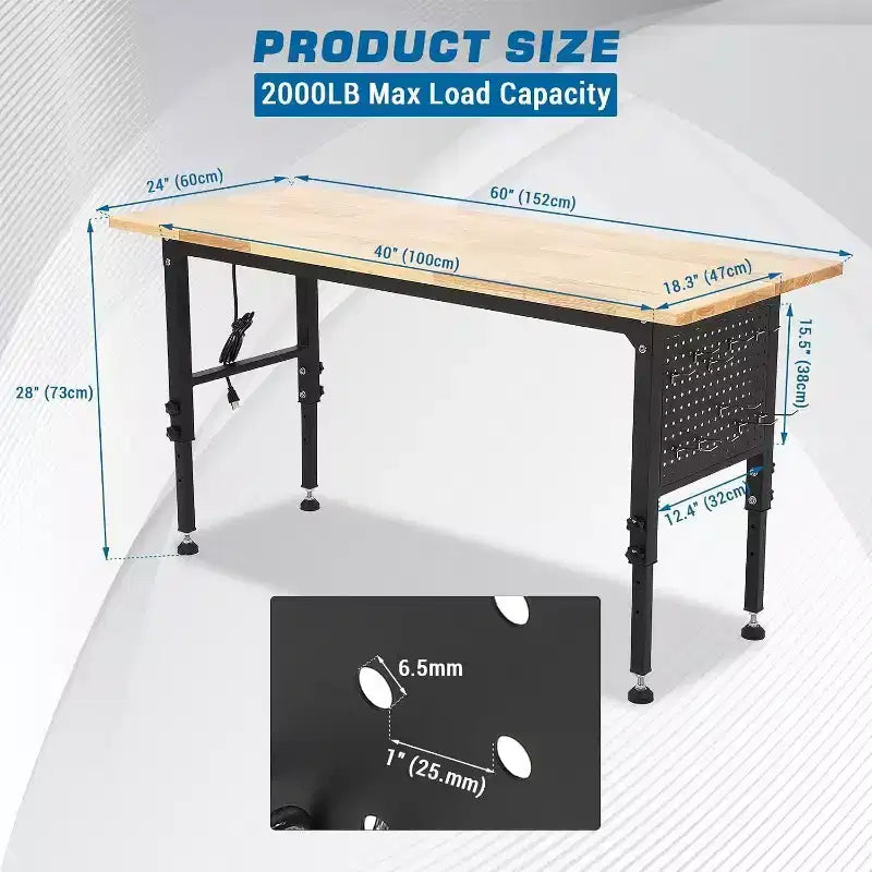Acekool Banco da Lavoro Robusto 48x24, Piano in Legno di Gomma, Pannello Forato, Presa di Corrente, Ruote Bloccabili, Altezza Regolabile, 907 kg per Officina e Garage