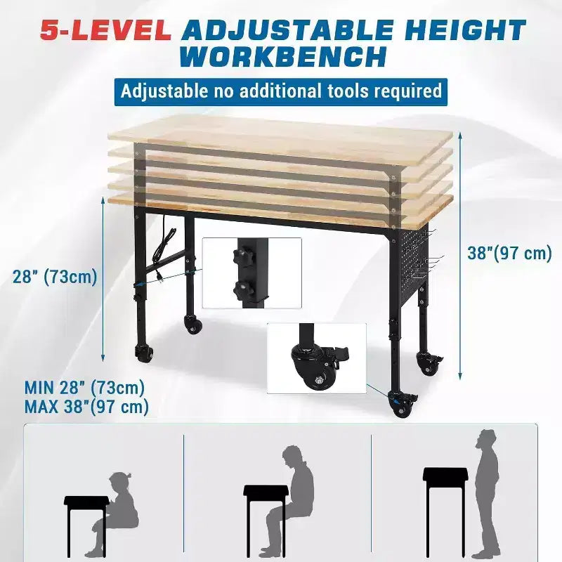 Acekool Banco da Lavoro Robusto 48x24, Piano in Legno di Gomma, Pannello Forato, Presa di Corrente, Ruote Bloccabili, Altezza Regolabile, 907 kg per Officina e Garage