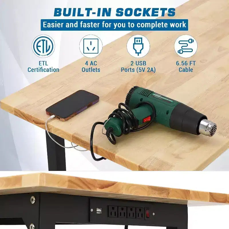 Acekool Banco da Lavoro Robusto 48x24, Piano in Legno di Gomma, Pannello Forato, Presa di Corrente, Ruote Bloccabili, Altezza Regolabile, 907 kg per Officina e Garage