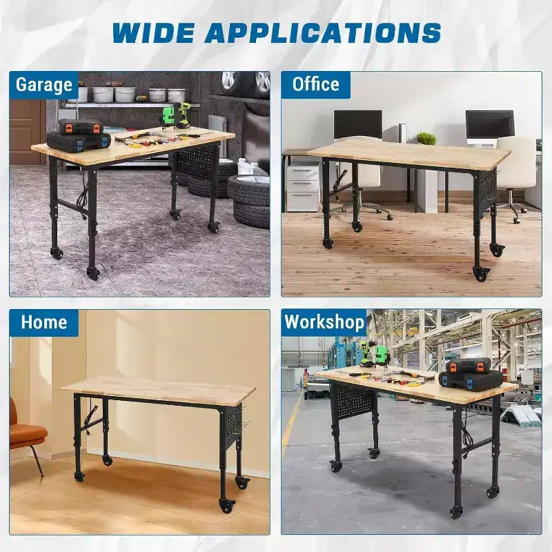 Acekool Banco da Lavoro Robusto 48x24, Piano in Legno di Gomma, Pannello Forato, Presa di Corrente, Ruote Bloccabili, Altezza Regolabile, 907 kg per Officina e Garage