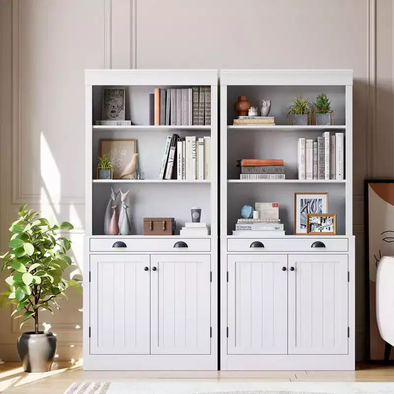 Libreria e scaffale alti 71", con cassetto, 5 ripiani bianchi con ante, ripiano regolabile, armadietti portaoggetti in legno