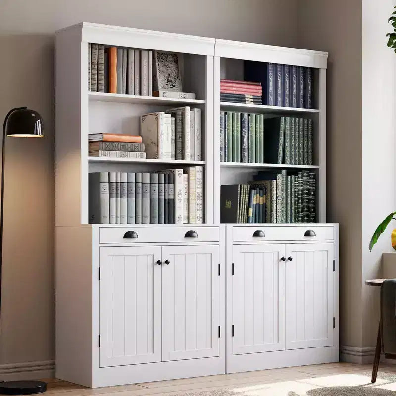 Libreria e scaffale alti 71", con cassetto, 5 ripiani bianchi con ante, ripiano regolabile, armadietti portaoggetti in legno
