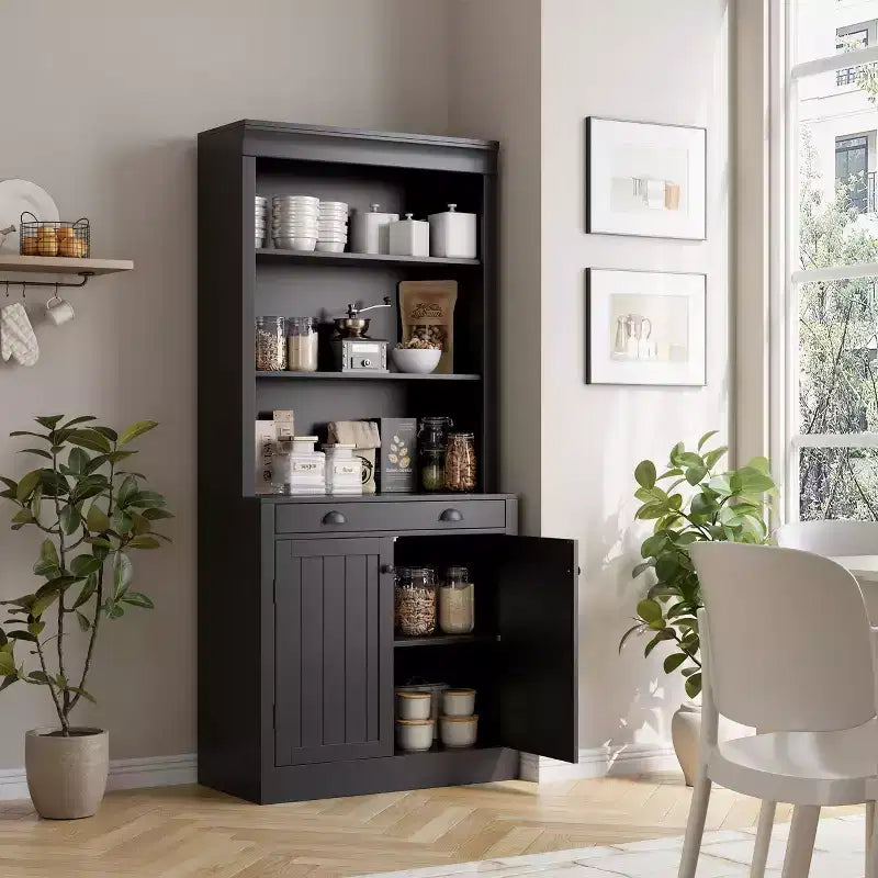 Libreria e scaffale alti 71", con cassetto, 5 ripiani bianchi con ante, ripiano regolabile, armadietti portaoggetti in legno