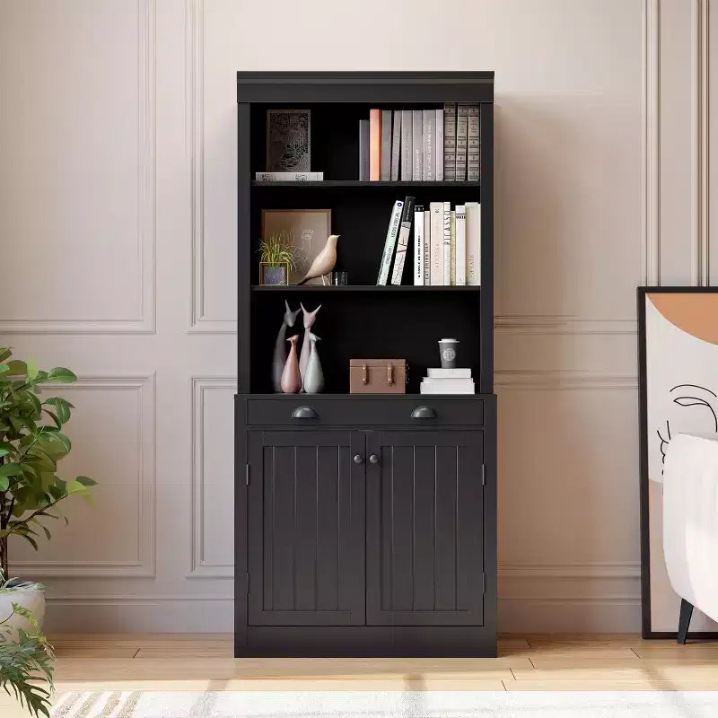 Libreria e scaffale alti 71", con cassetto, 5 ripiani bianchi con ante, ripiano regolabile, armadietti portaoggetti in legno