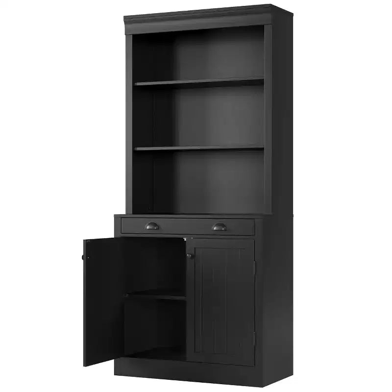 Libreria e scaffale alti 71", con cassetto, 5 ripiani bianchi con ante, ripiano regolabile, armadietti portaoggetti in legno