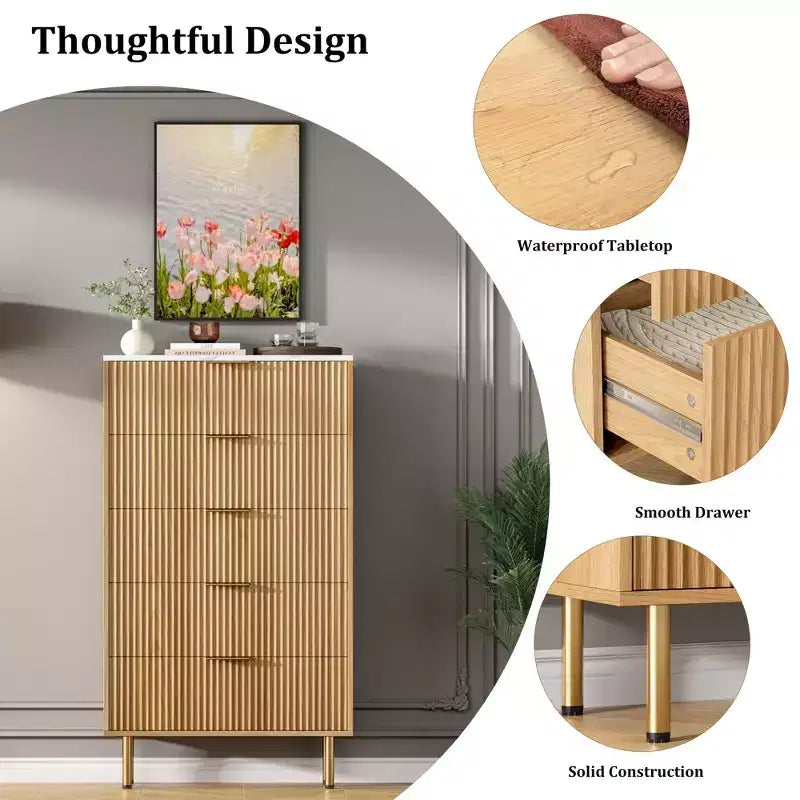 Comò per camera da letto, Comò a 5 cassetti con cassetti ampi, Cassettiera in legno, Comò moderno per soggiorno, cabina armadio, corridoio, ingresso