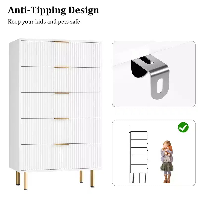 Comò per camera da letto, Comò a 5 cassetti con cassetti ampi, Cassettiera in legno, Comò moderno per soggiorno, cabina armadio, corridoio, ingresso