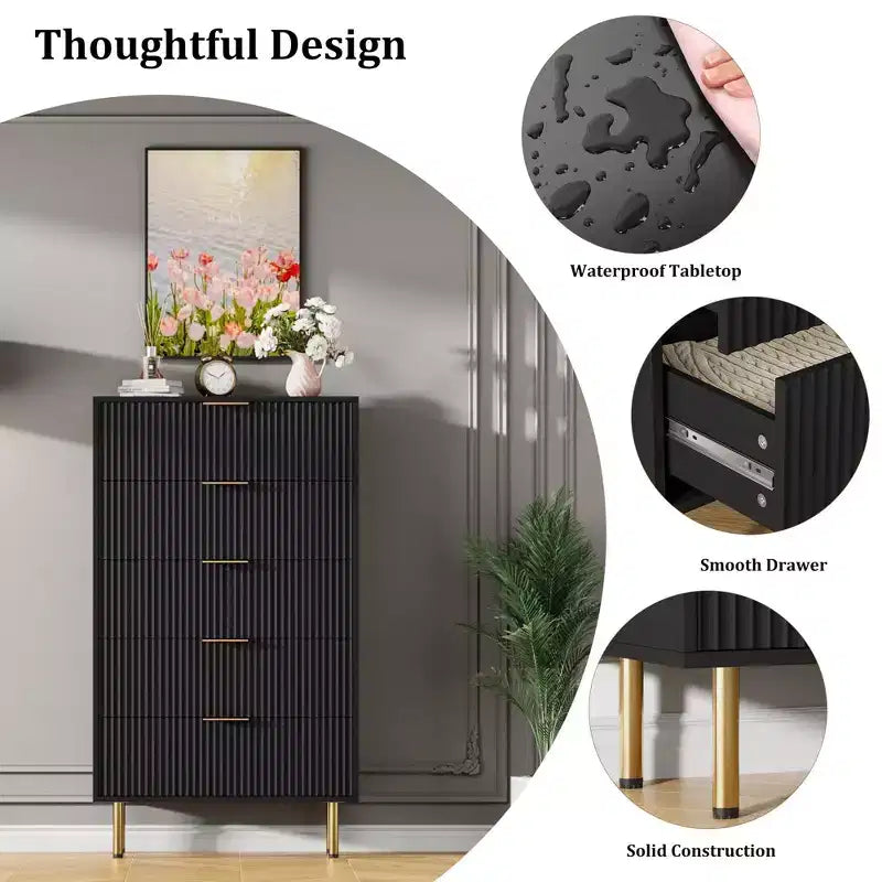 Comò per camera da letto, Comò a 5 cassetti con cassetti ampi, Cassettiera in legno, Comò moderno per soggiorno, cabina armadio, corridoio, ingresso