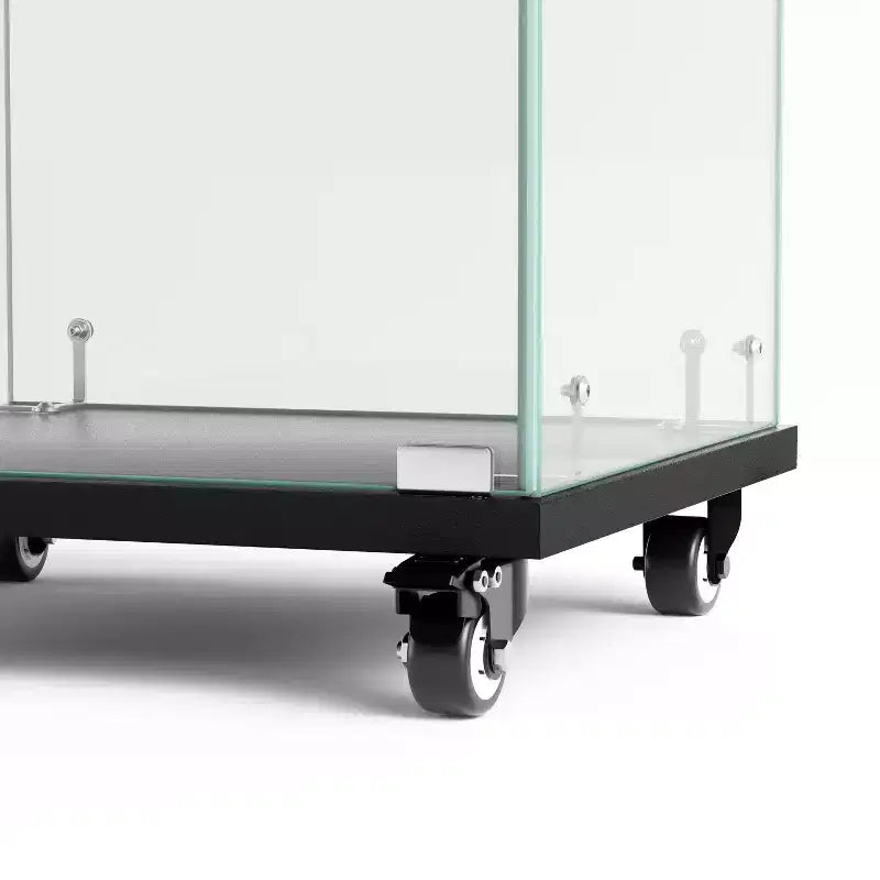 Vetrina espositiva a 4 ripiani in vetro temperato con serratura e ruote, armadietto da terra con ripiani in acrilico - ModernLuxe