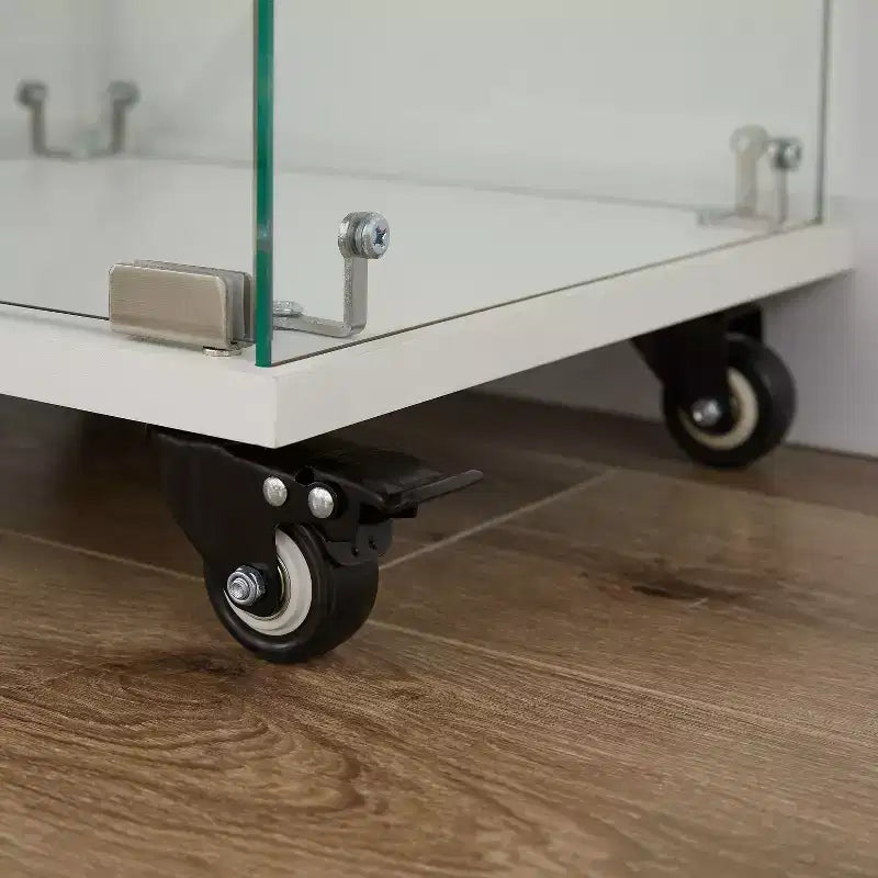 Vetrina espositiva a 4 ripiani in vetro temperato con serratura e ruote, armadietto da terra con ripiani in acrilico - ModernLuxe
