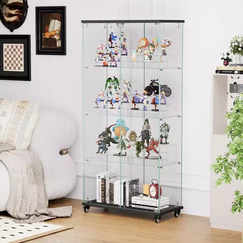 4-Tier Tempered Glass Display Cabinet with Lock & Wheels, Freestanding Storage Cabinet with Acrylic Shelves - ModernLuxe