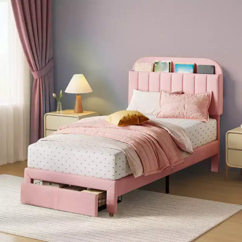 Struttura letto imbottita singola con testiera libreria, base letto in velluto