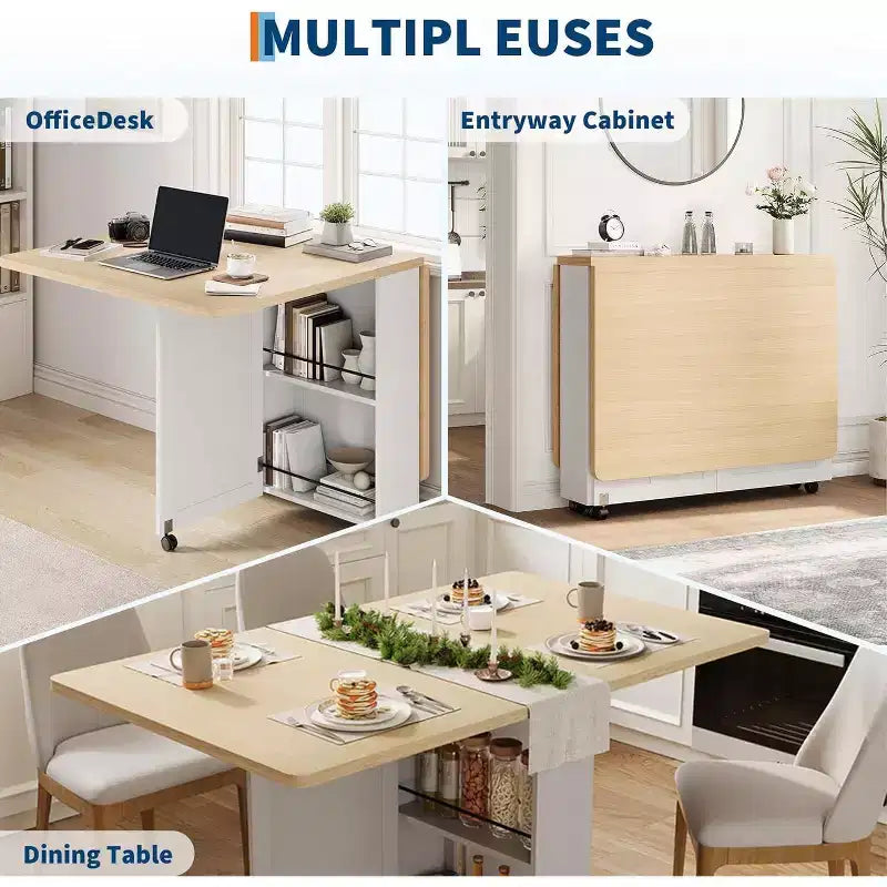 Tavolo da pranzo pieghevole salvaspazio con contenitore - Tavolo da cucina con 6 ruote (4 bloccabili) + cassetto e ripiani, compatto per piccoli spazi