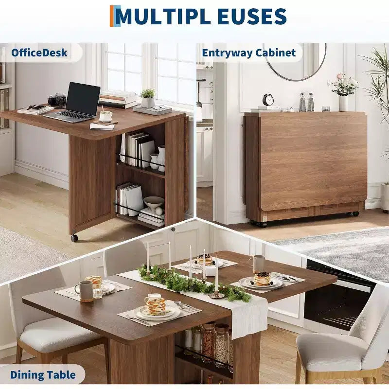 Tavolo da pranzo pieghevole salvaspazio con contenitore - Tavolo da cucina con 6 ruote (4 bloccabili) + cassetto e ripiani, compatto per piccoli spazi