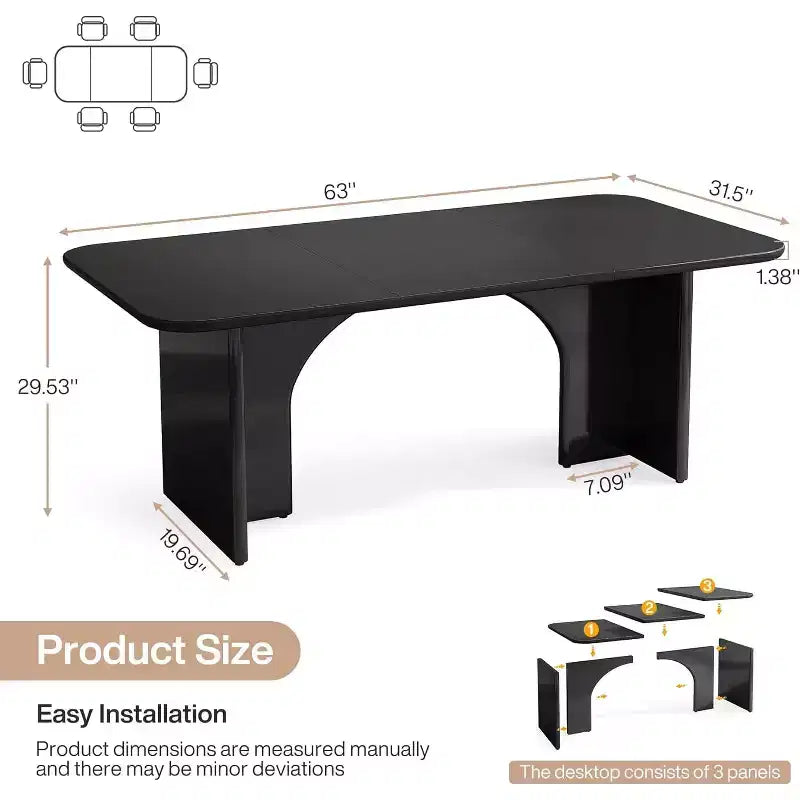 Tavolo da pranzo moderno nero Lantine per 4-6 persone, grande tavolo da cucina rettangolare da 160 cm con gambe ad arco, per sala da pranzo