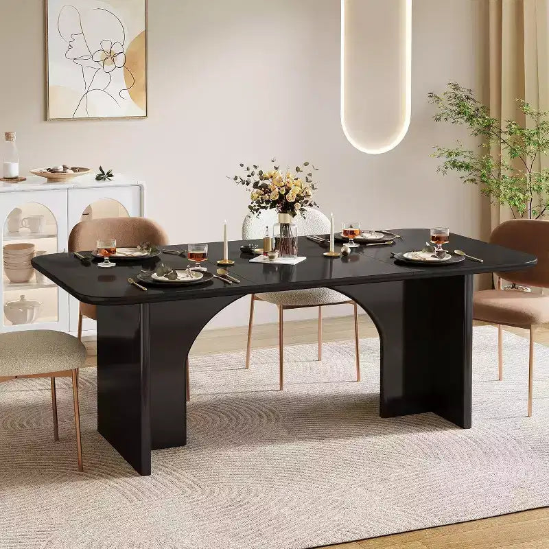Tavolo da pranzo moderno nero Lantine per 4-6 persone, grande tavolo da cucina rettangolare da 160 cm con gambe ad arco, per sala da pranzo
