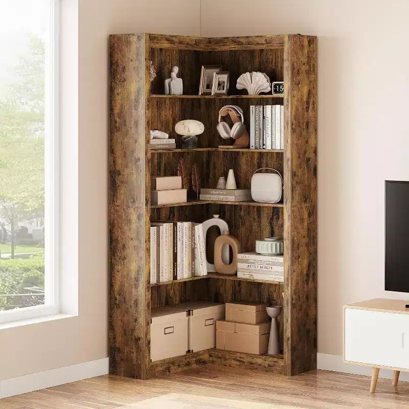 Libreria ad angolo, libreria ad angolo in stile rustico da 182 cm, libreria a forma di L di grandi dimensioni, scaffale espositivo a 5 ripiani, librerie robuste per la casa
