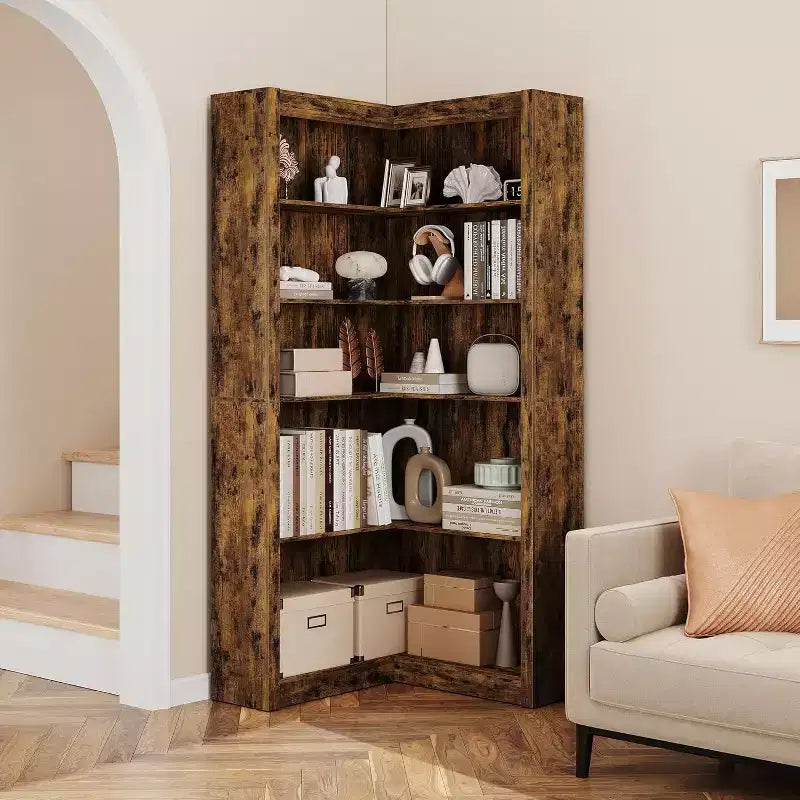 Libreria ad angolo, libreria ad angolo in stile rustico da 182 cm, libreria a forma di L di grandi dimensioni, scaffale espositivo a 5 ripiani, librerie robuste per la casa