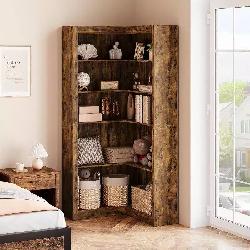 Libreria ad angolo, libreria ad angolo in stile rustico da 182 cm, libreria a forma di L di grandi dimensioni, scaffale espositivo a 5 ripiani, librerie robuste per la casa