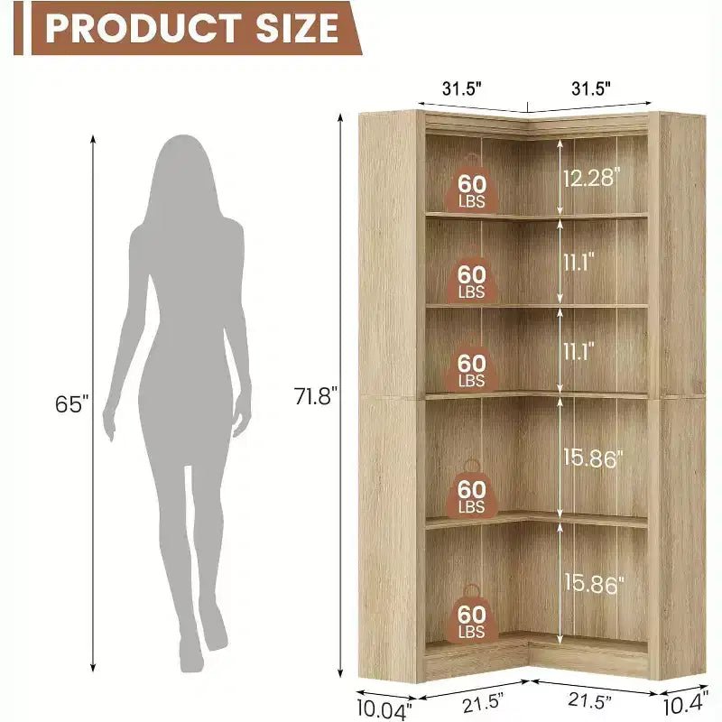 Libreria ad angolo, libreria ad angolo in stile rustico da 182 cm, libreria a forma di L di grandi dimensioni, scaffale espositivo a 5 ripiani, librerie robuste per la casa