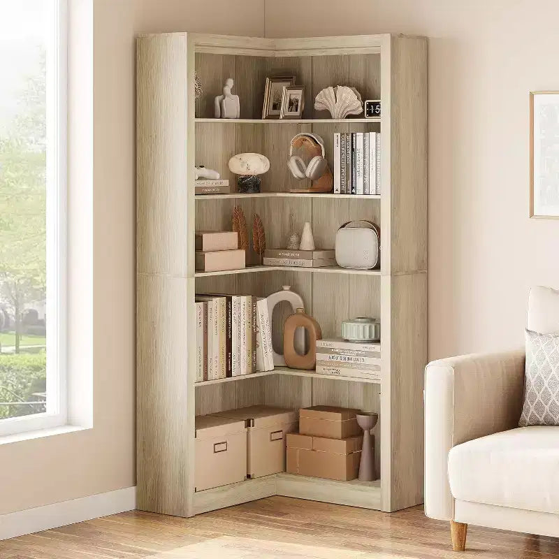 Libreria ad angolo, libreria ad angolo in stile rustico da 182 cm, libreria a forma di L di grandi dimensioni, scaffale espositivo a 5 ripiani, librerie robuste per la casa