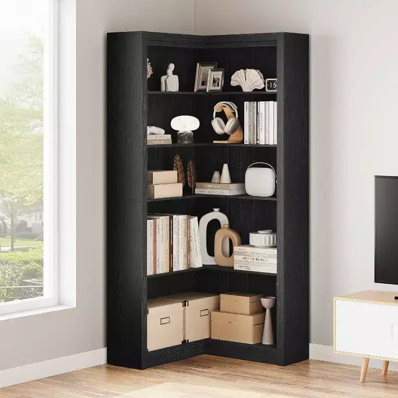 Libreria ad angolo, libreria ad angolo in stile rustico da 182 cm, libreria a forma di L di grandi dimensioni, scaffale espositivo a 5 ripiani, librerie robuste per la casa