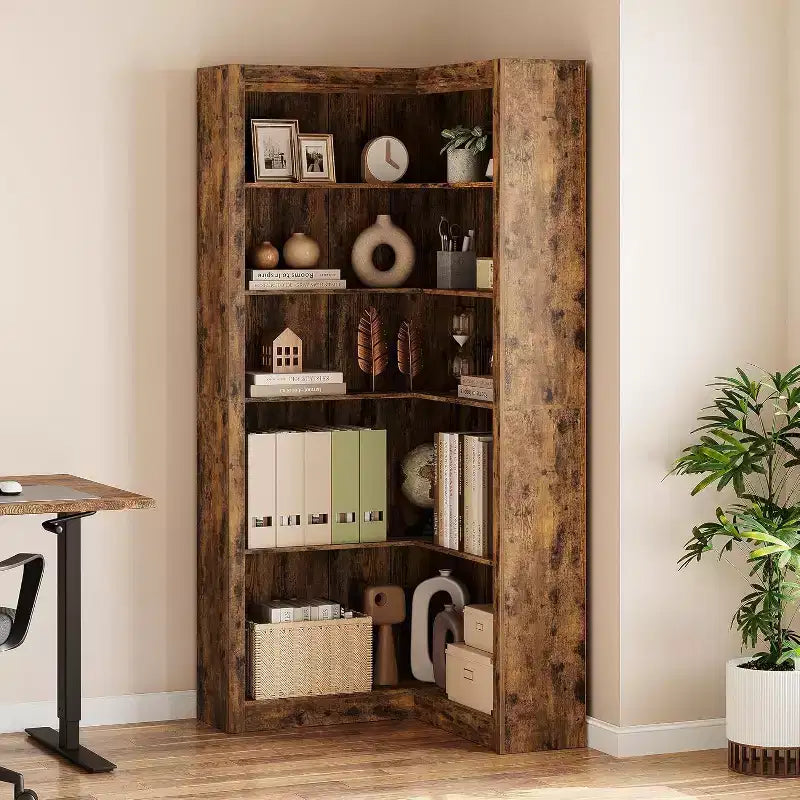 Libreria ad angolo, libreria ad angolo in stile rustico da 182 cm, libreria a forma di L di grandi dimensioni, scaffale espositivo a 5 ripiani, librerie robuste per la casa