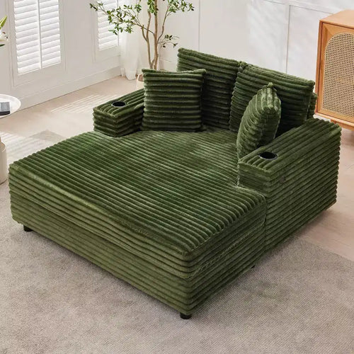 Chaise longue sovradimensionata da 54 pollici, divano letto imbottito con 4 cuscini e portabicchieri, comodo divano in velluto a coste per soggiorno e camera da letto, verde