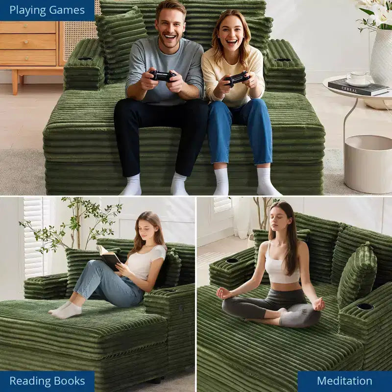Chaise longue sovradimensionata da 54 pollici, divano letto imbottito con 4 cuscini e portabicchieri, comodo divano in velluto a coste per soggiorno e camera da letto, verde