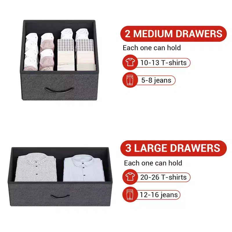 Comò a 5 cassetti per camera da letto, organizer con contenitori in tessuto, piano in legno, robusto telaio in acciaio, maniglia facile da tirare