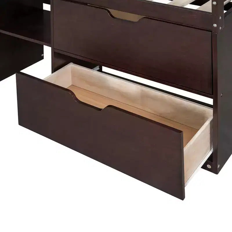 Letto a soppalco basso con scrivania a rotelle e mensole portaoggetti, letto a soppalco singolo in legno con 2 cassetti e lavagna per bambini