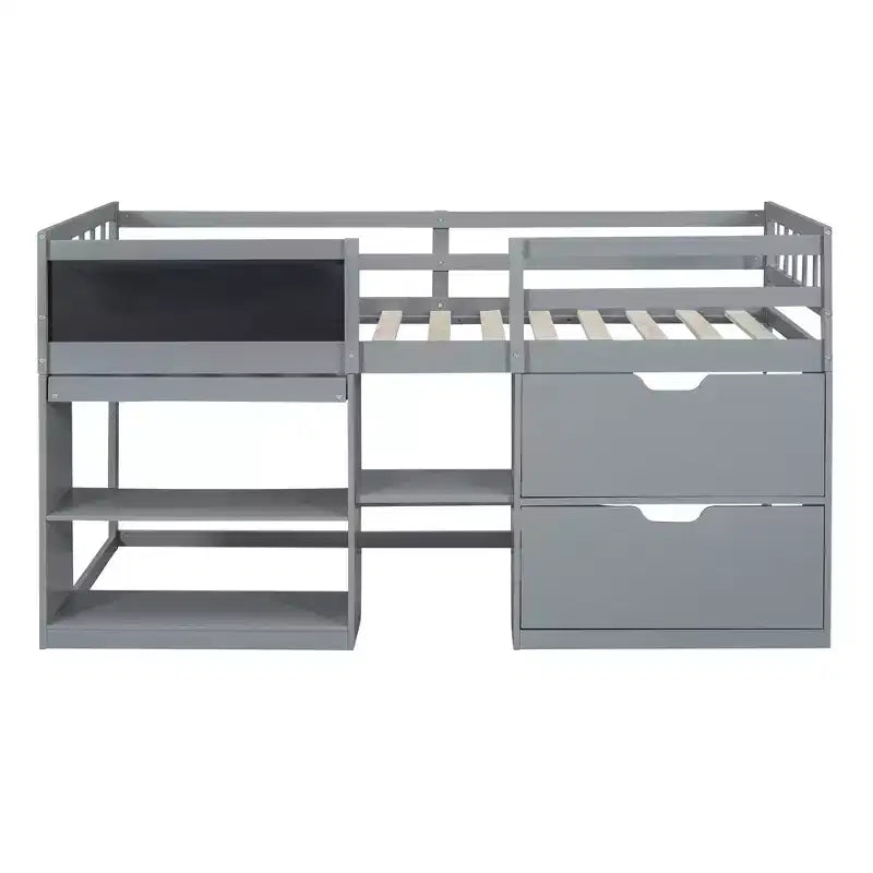 Letto a soppalco basso con scrivania a rotelle e mensole portaoggetti, letto a soppalco singolo in legno con 2 cassetti e lavagna per bambini