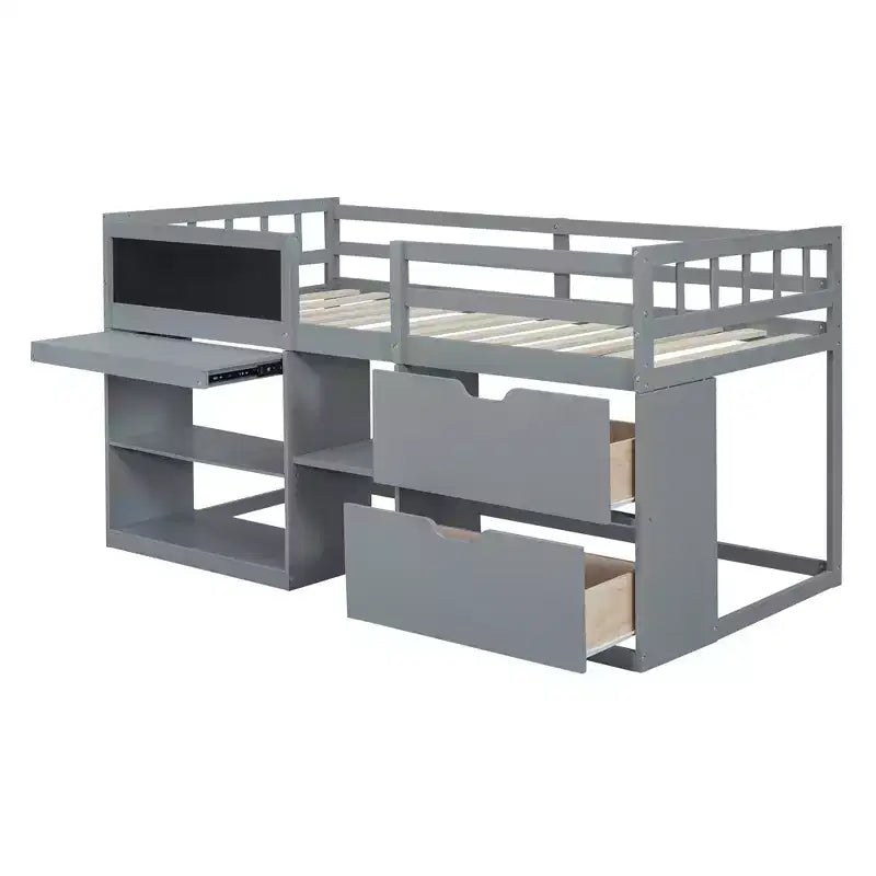 Letto a soppalco basso con scrivania a rotelle e mensole portaoggetti, letto a soppalco singolo in legno con 2 cassetti e lavagna per bambini